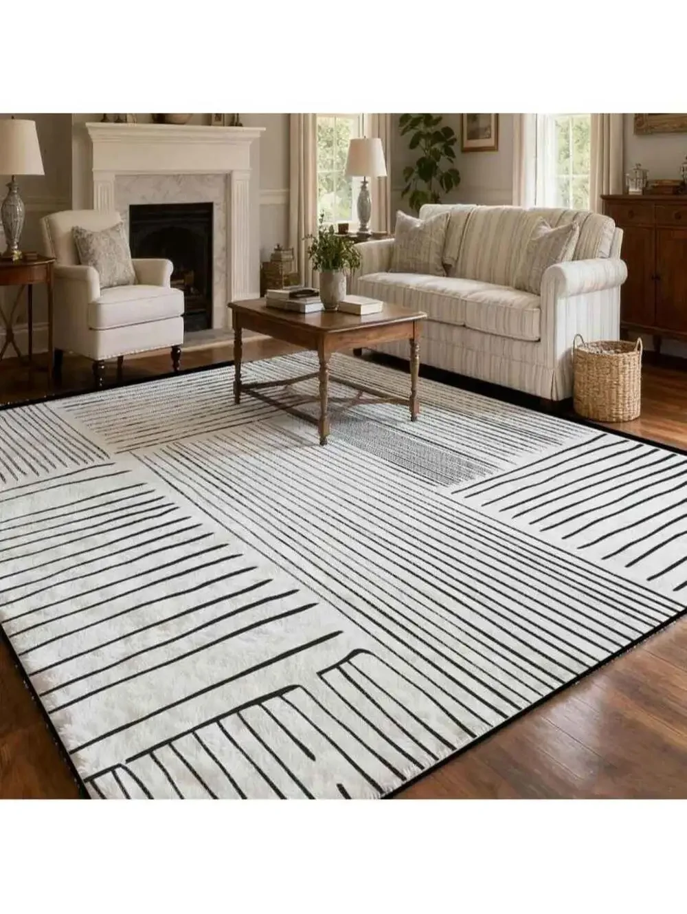 Area Rug 6x9 Ft Abstract Lines NonSlip Comfort Floor Washable Modern grey ivory